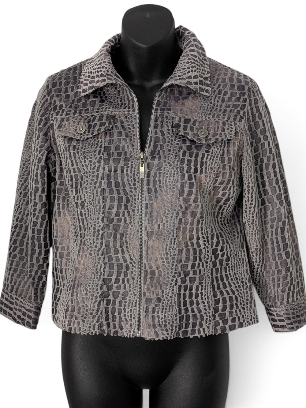 Ruby Rd. Grey Faux Suede Snake/Croc-Print Zip Jacket